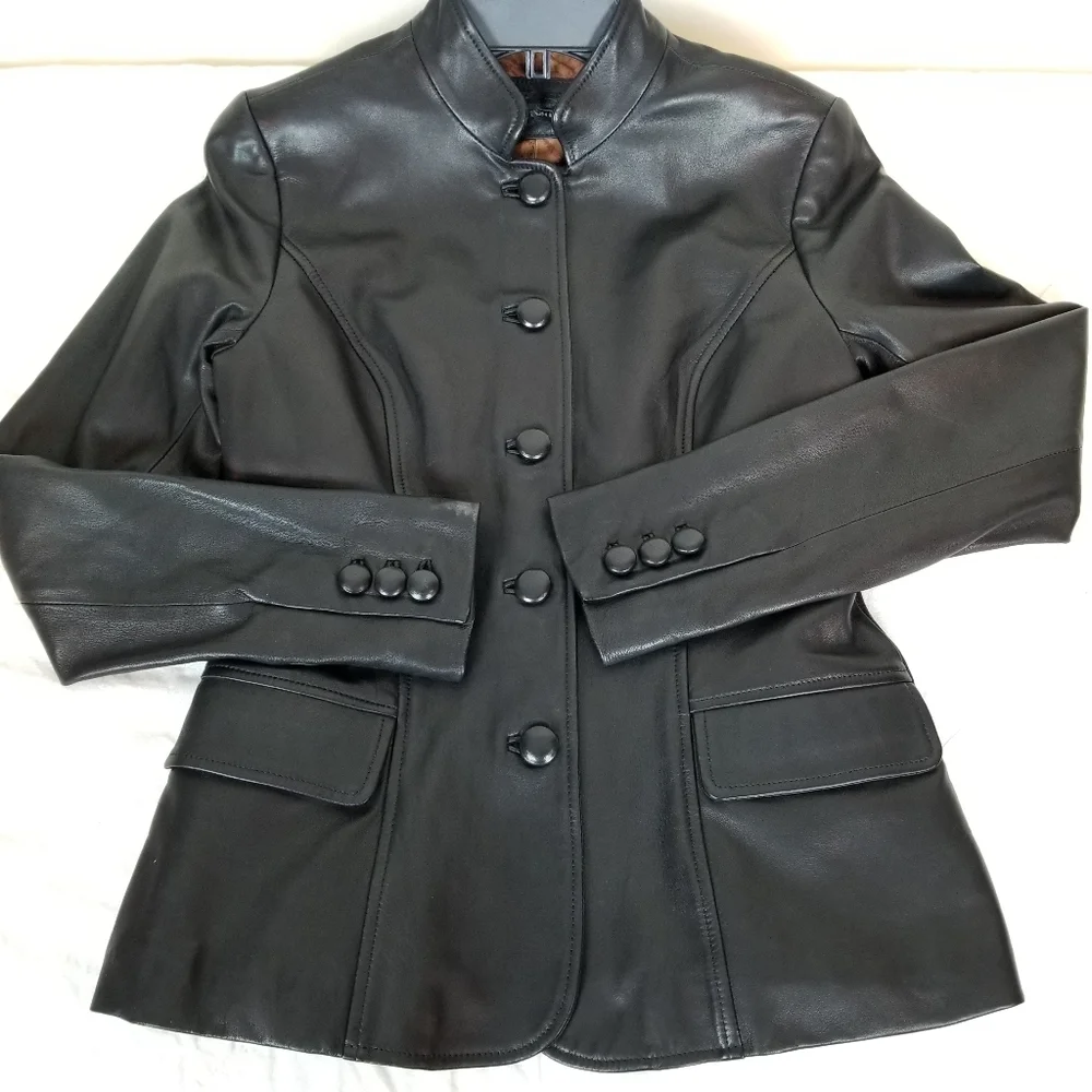 Peruvian Connection Sutton Place black leather jacket tab collar peplum NWOT 4 - Picture 2 of 11